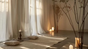 beige room with candles, blankets, and pillows