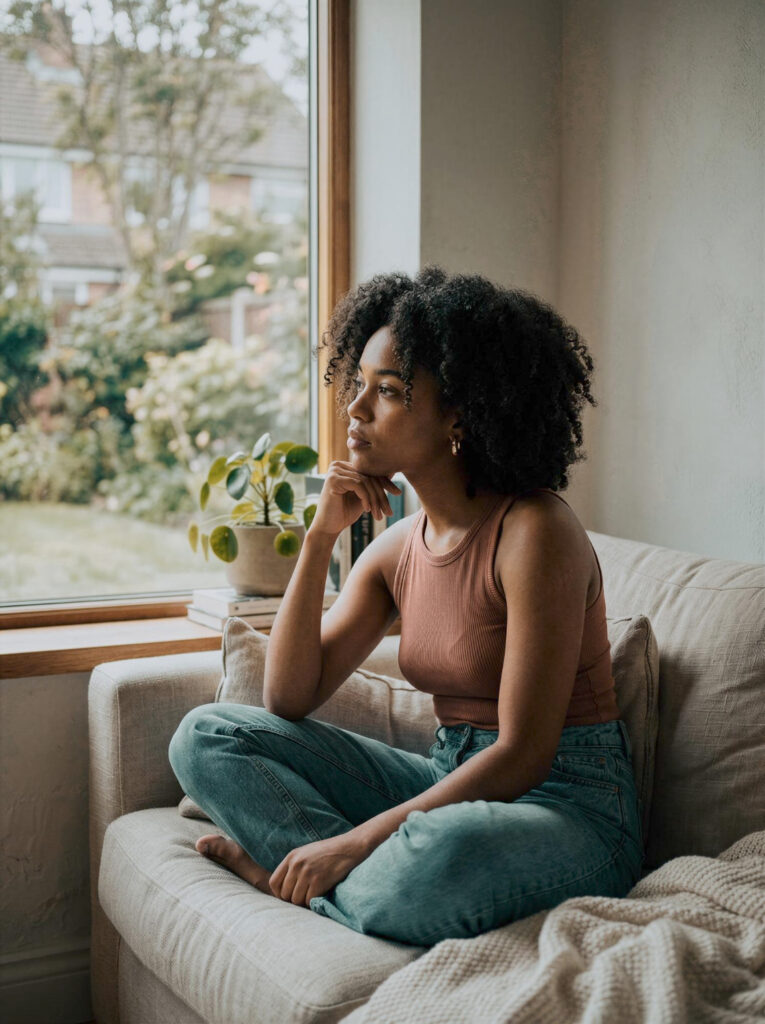 woman thinking sitting on couch