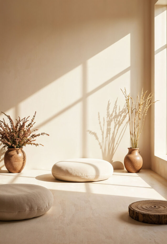 beige room with circular pillows on floor