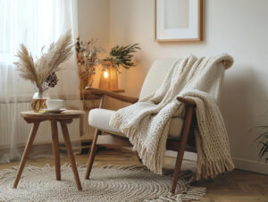 chair in beige room with blanket