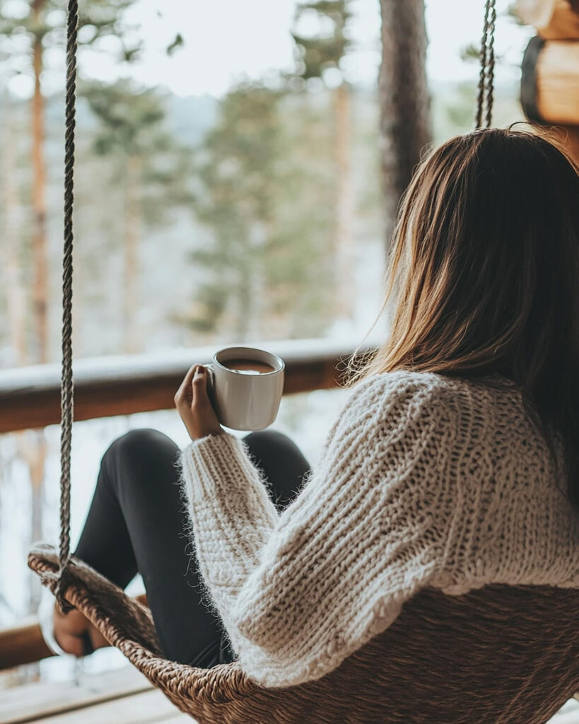 woman drinking coffee sitting on swing